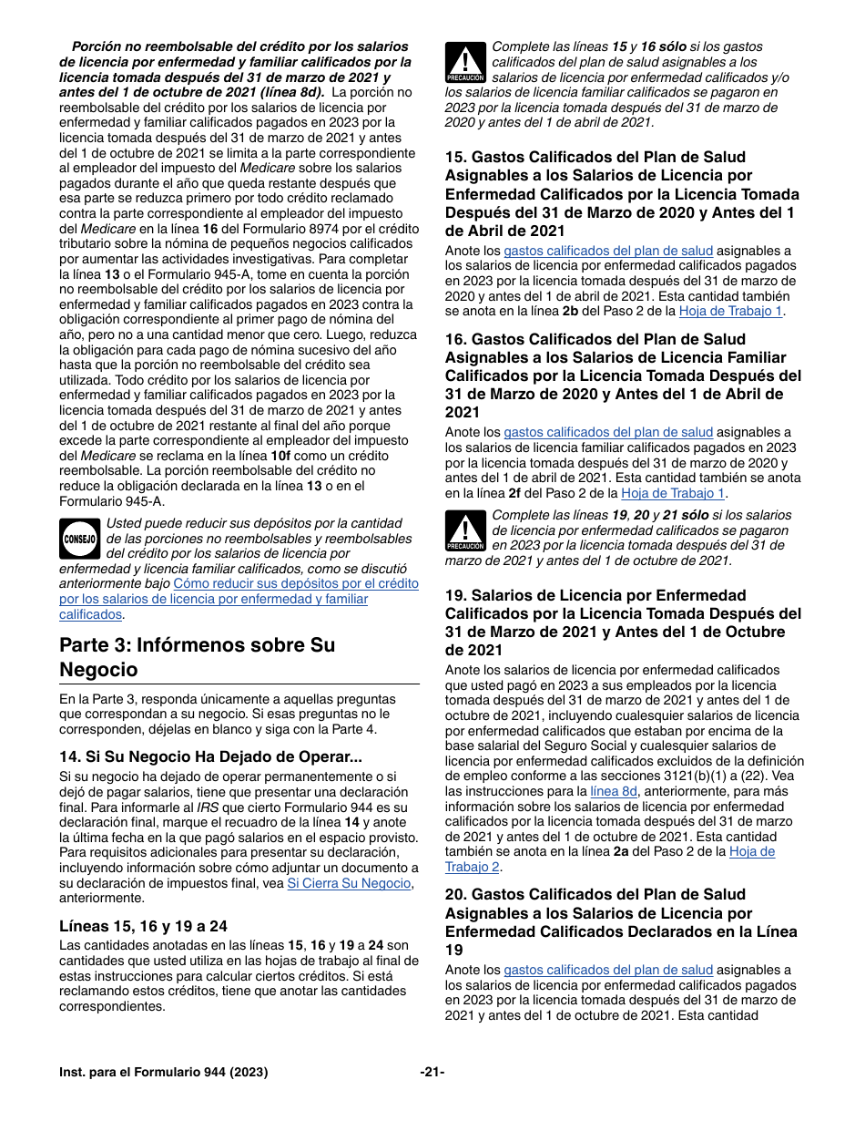 Instrucciones para IRS Formulario 944 (SP) Declaracion Del Impuesto Federal Anual Del Empleador (Spanish), Page 21