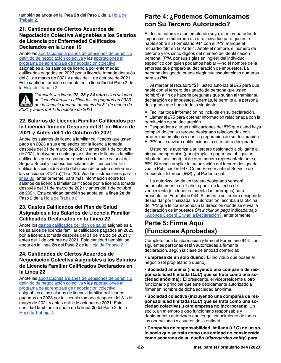 Instrucciones para IRS Formulario 944 (SP) Declaracion Del Impuesto Federal Anual Del Empleador (Spanish), Page 22