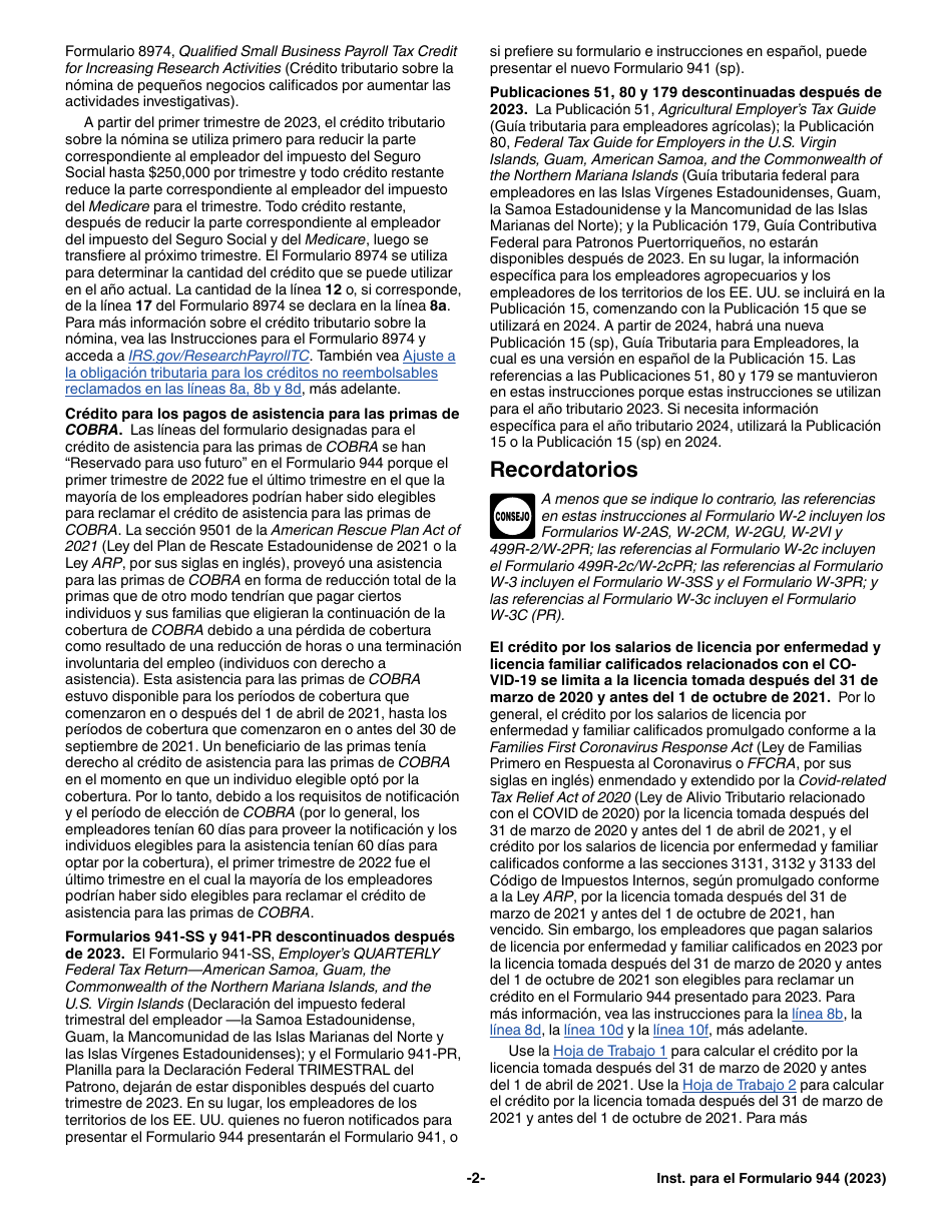 Instrucciones para IRS Formulario 944 (SP) Declaracion Del Impuesto Federal Anual Del Empleador (Spanish), Page 2