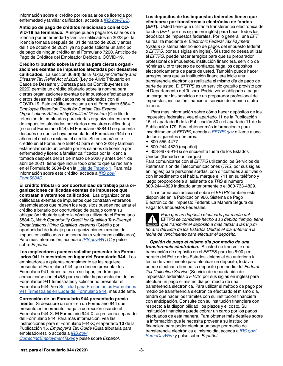 Instrucciones para IRS Formulario 944 (SP) Declaracion Del Impuesto Federal Anual Del Empleador (Spanish), Page 3