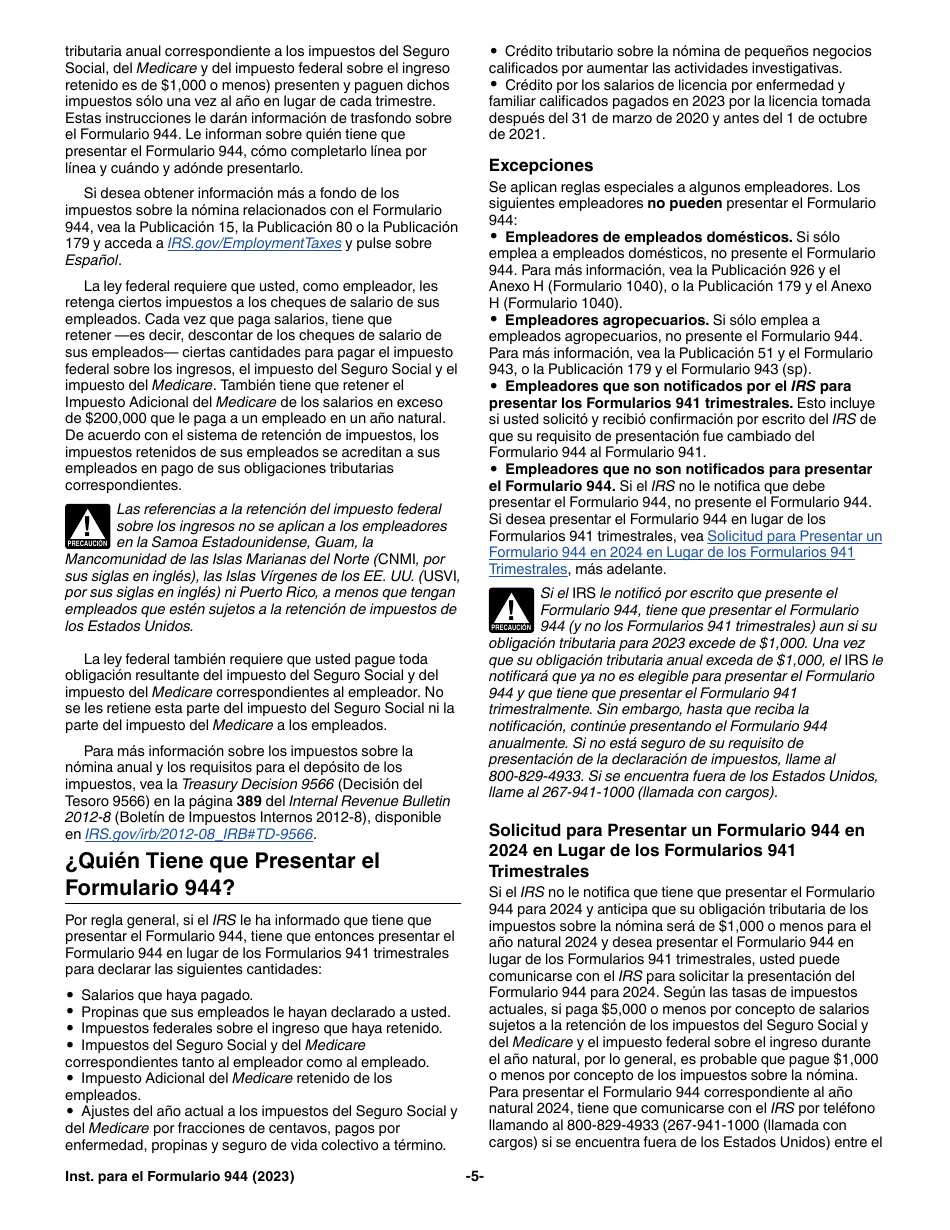 Instrucciones para IRS Formulario 944 (SP) Declaracion Del Impuesto Federal Anual Del Empleador (Spanish), Page 5