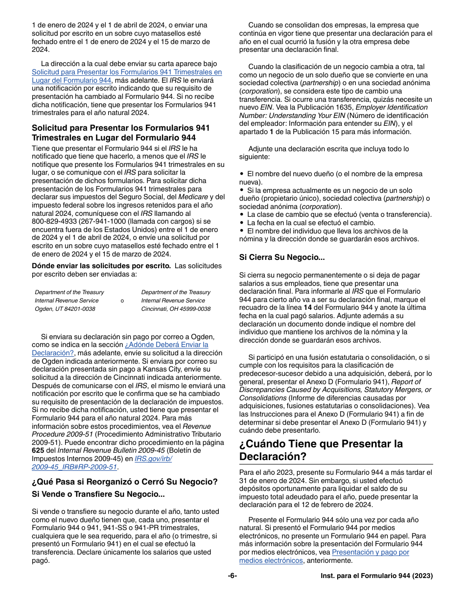 Instrucciones para IRS Formulario 944 (SP) Declaracion Del Impuesto Federal Anual Del Empleador (Spanish), Page 6