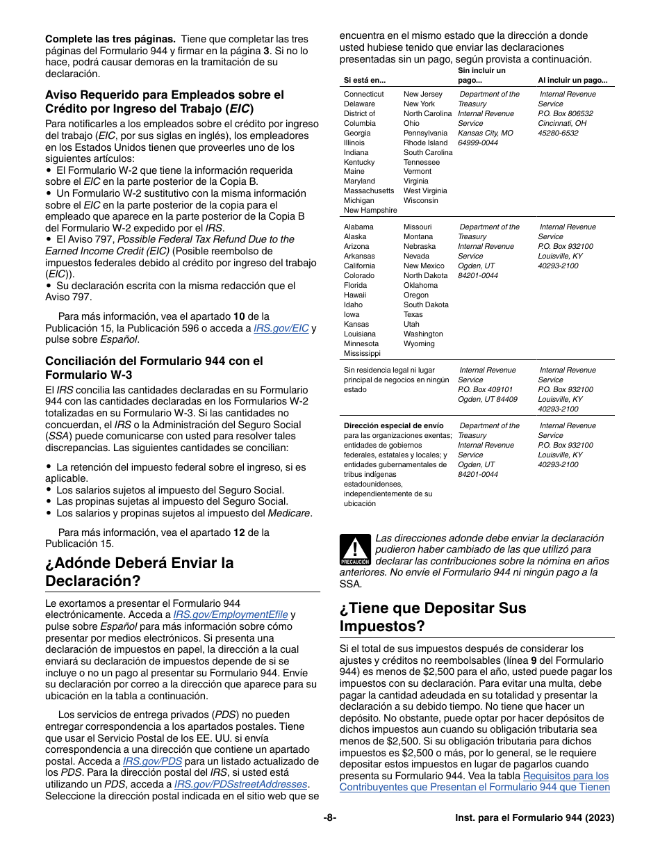 Instrucciones para IRS Formulario 944 (SP) Declaracion Del Impuesto Federal Anual Del Empleador (Spanish), Page 8