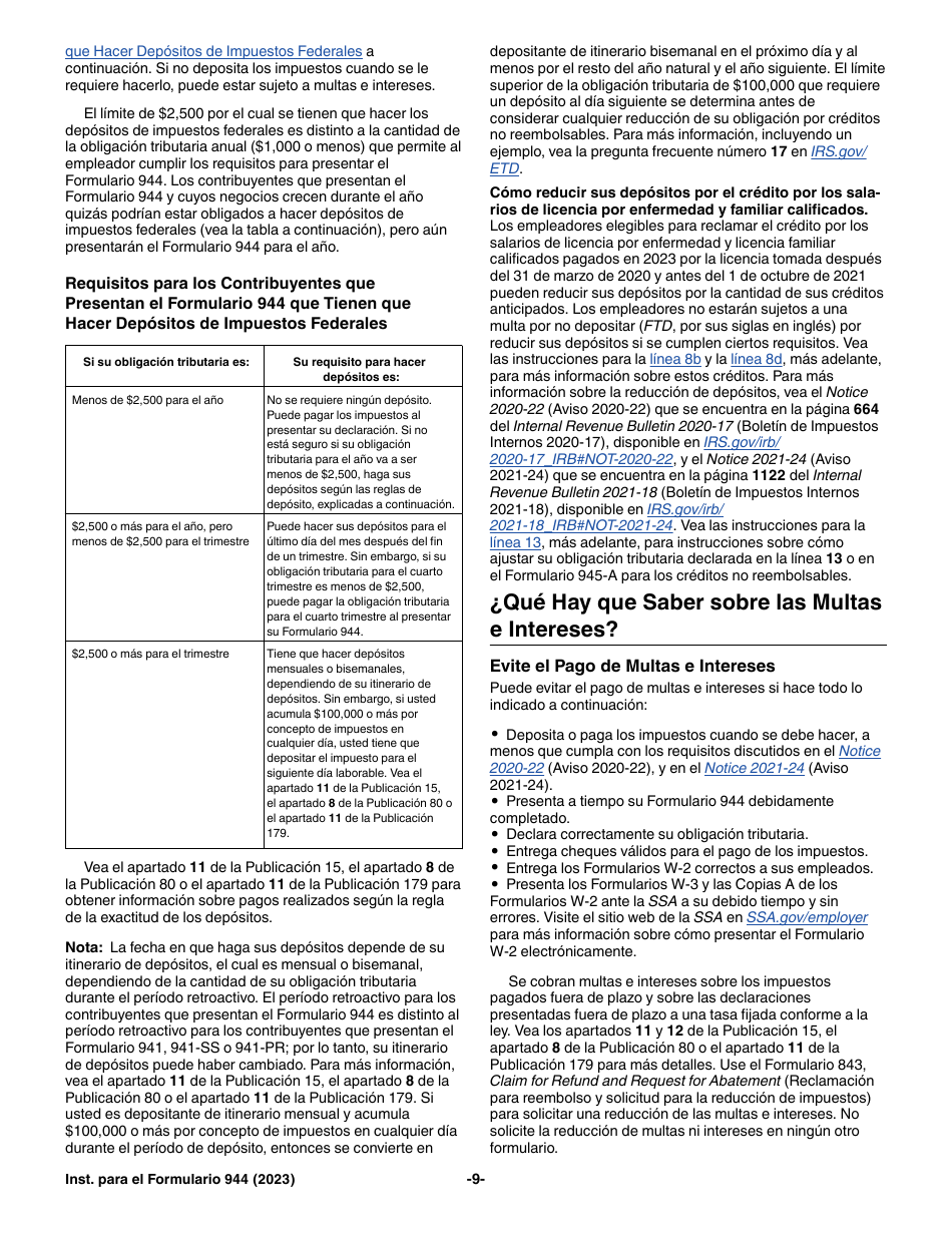 Instrucciones para IRS Formulario 944 (SP) Declaracion Del Impuesto Federal Anual Del Empleador (Spanish), Page 9