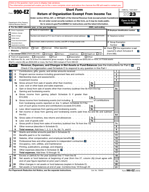 IRS Form 990-EZ Short Form Return of Organization Exempt From Income Tax, 2023