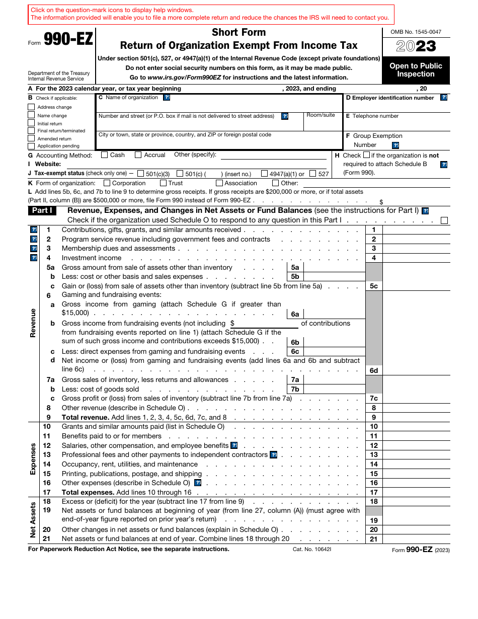 IRS Form 990EZ Download Fillable PDF or Fill Online Short Form Return