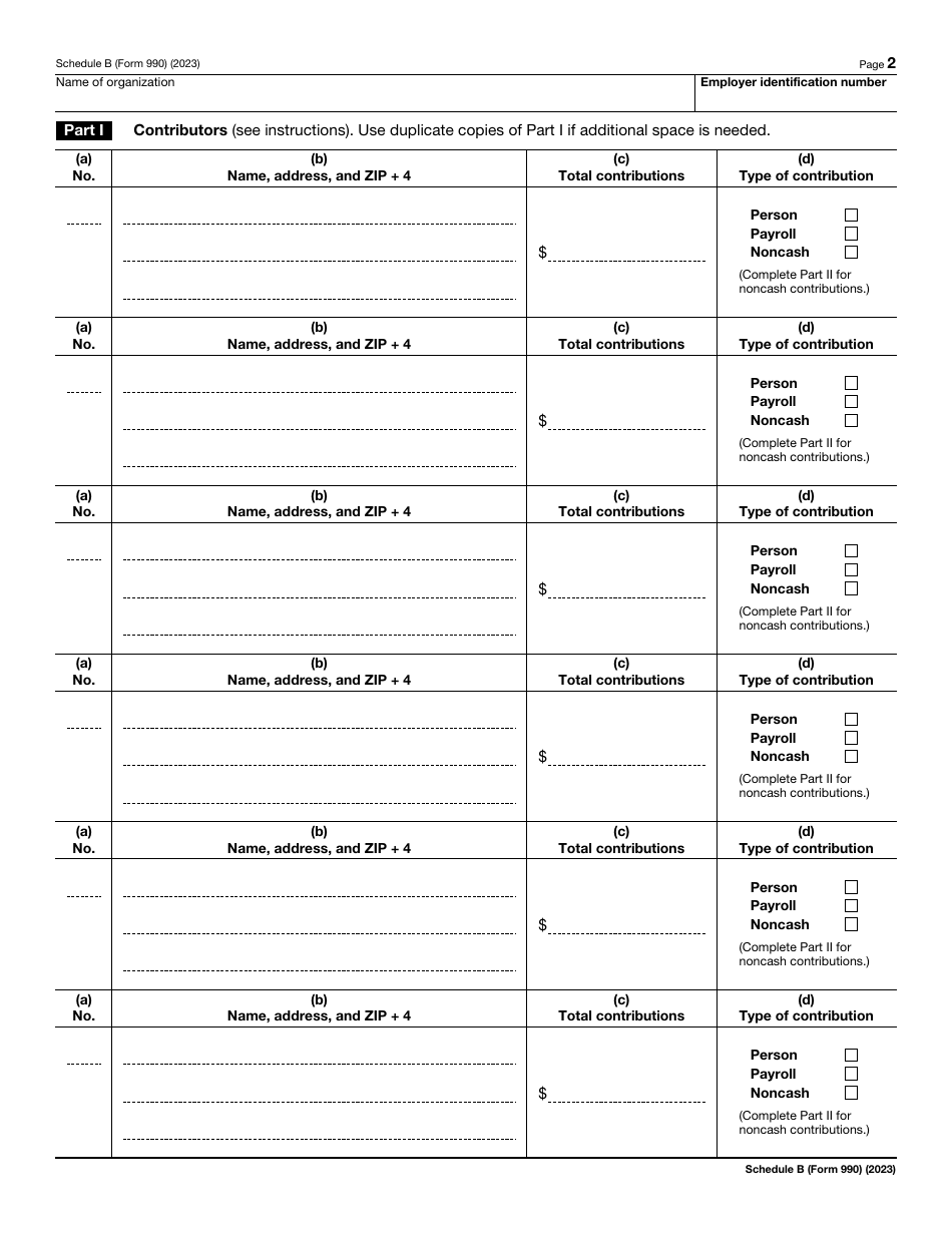 IRS Form 990 Schedule B Schedule of Contributors, Page 2