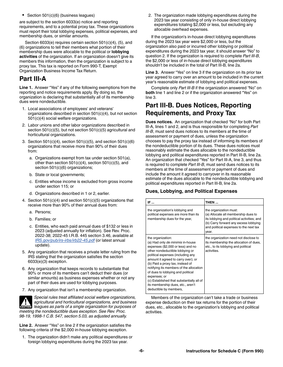 Instructions for IRS Form 990 Schedule C Political Campaign and Lobbying Activities, Page 6