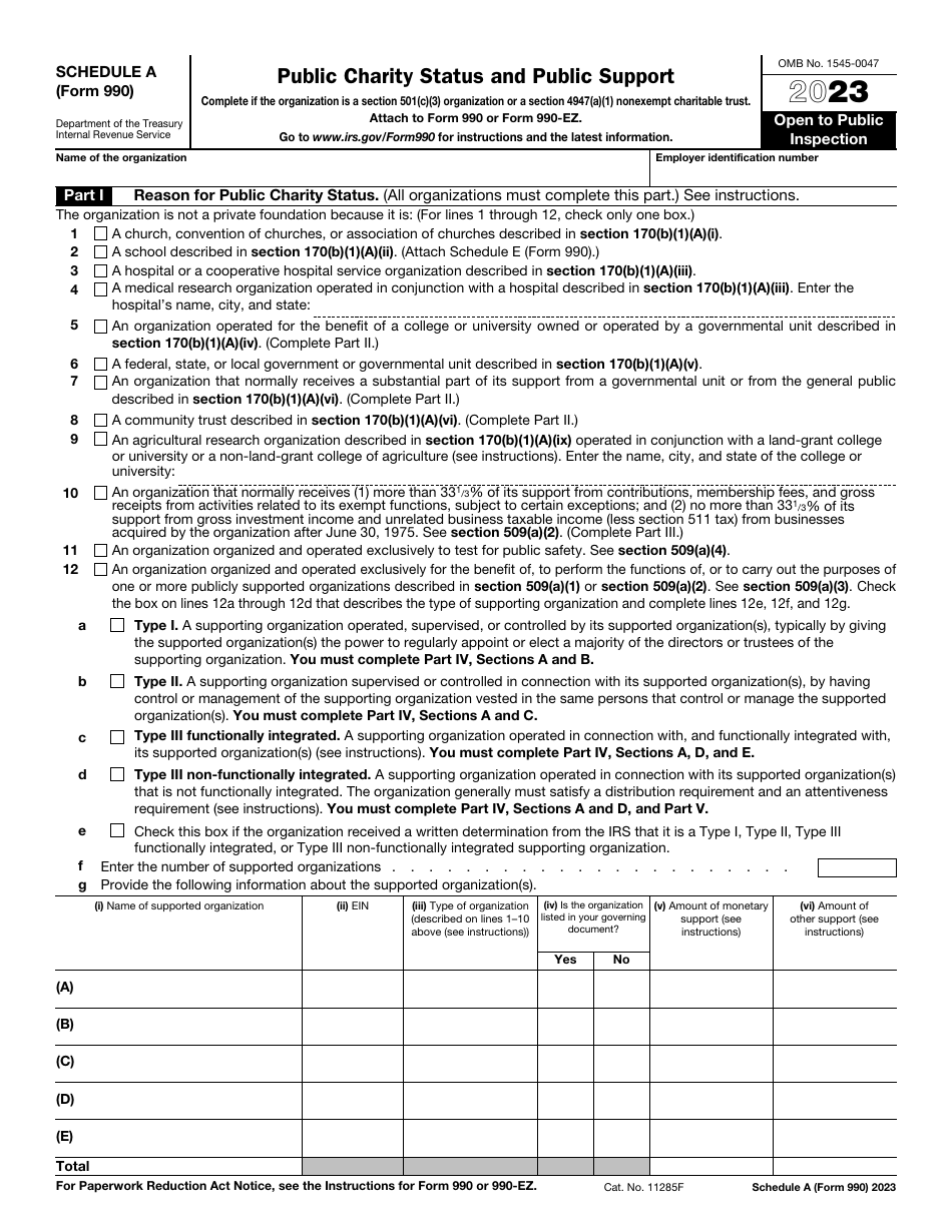 IRS Form 990 Schedule A Public Charity Status and Public Support, Page 1