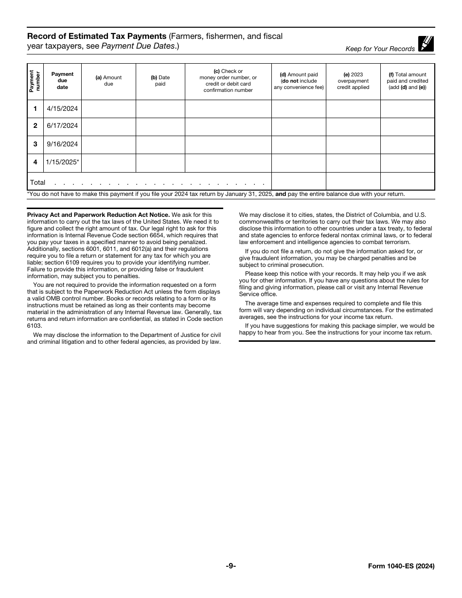 IRS Form 1040-ES - 2024 - Fill Out, Sign Online and Download Fillable ...