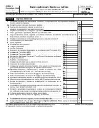 Document preview: IRS Formulario 1040 (SP) Anexo 1 Ingreso Adicional Y Ajustes Al Ingreso (Spanish), 2023