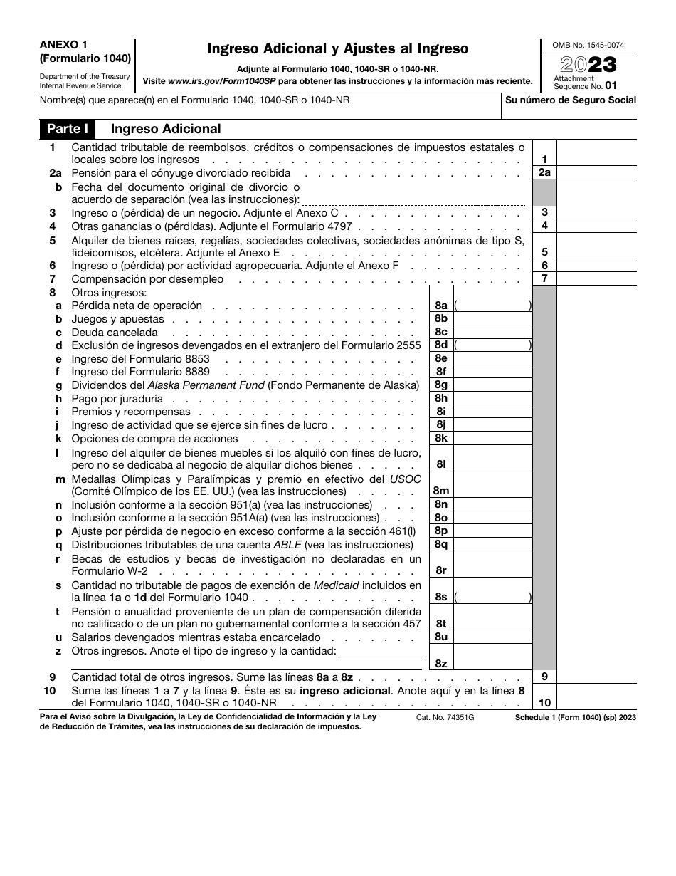 IRS Formulario 1040 (SP) Anexo 1 Ingreso Adicional Y Ajustes Al Ingreso (Spanish), Page 1