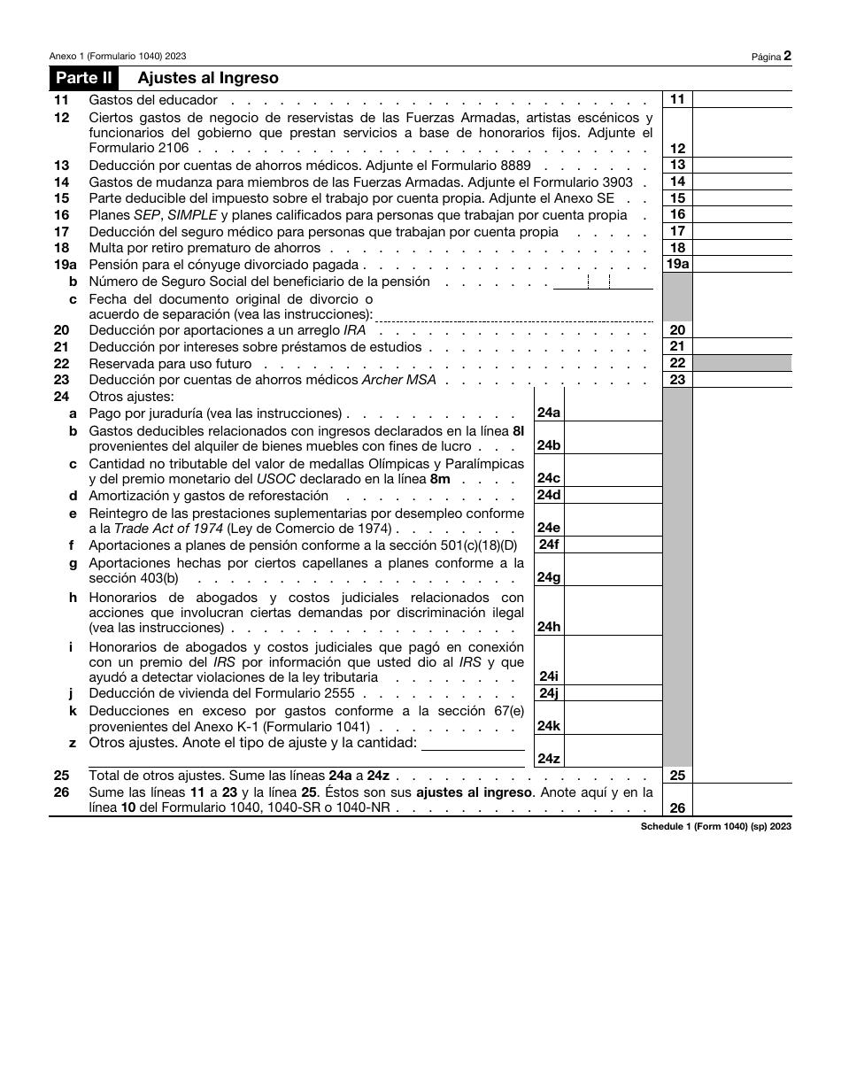 IRS Formulario 1040 (SP) Anexo 1 Ingreso Adicional Y Ajustes Al Ingreso (Spanish), Page 2