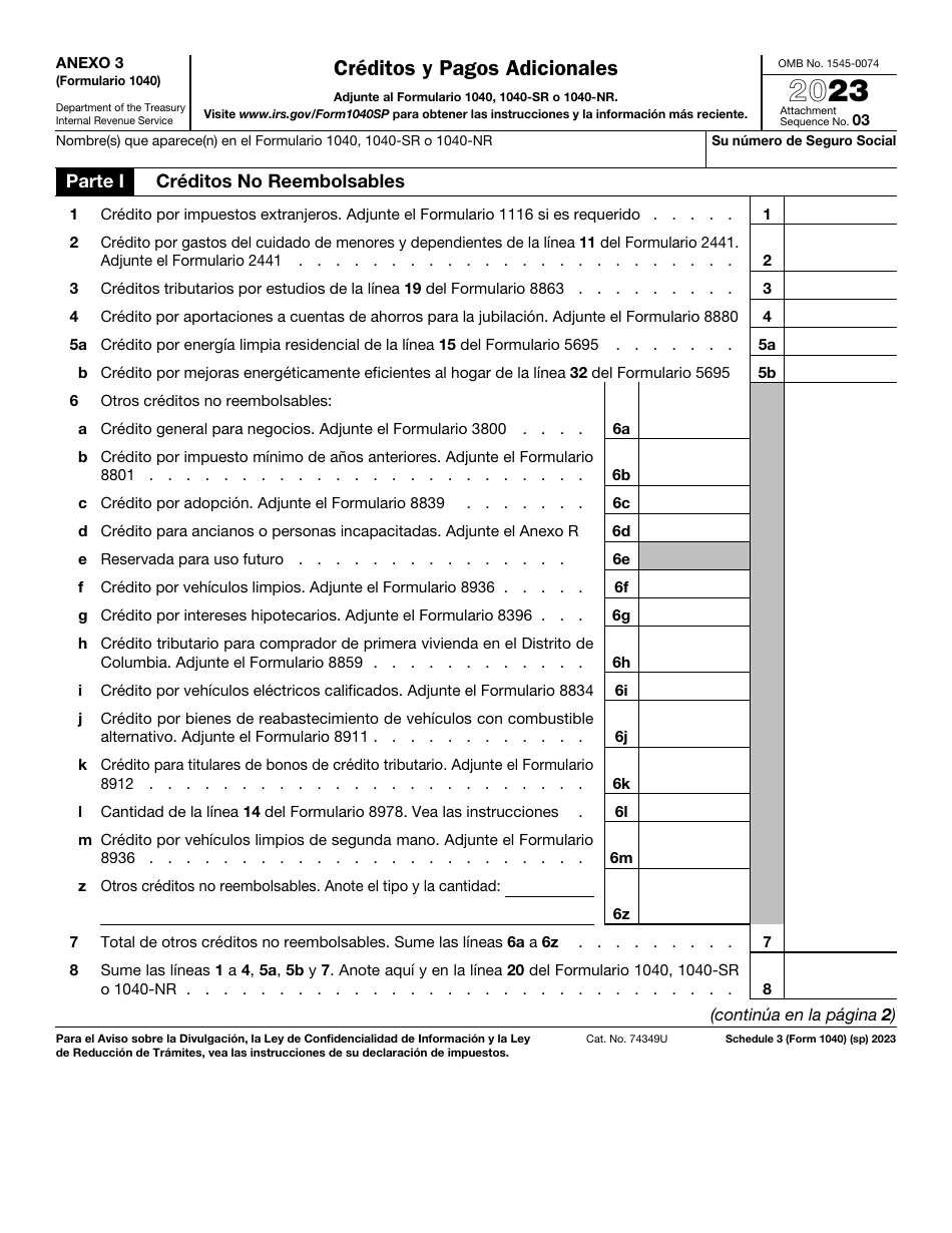 IRS Formulario 1040 (SP) Anexo 3 Creditos Y Pagos Adicionales (Spanish), Page 1