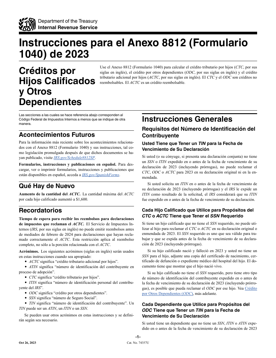 Instrucciones para IRS Formulario 1040 (SP) Anexo 8812 Creditos Por Hijos Calificados Y Otros Dependientes (Spanish), Page 1