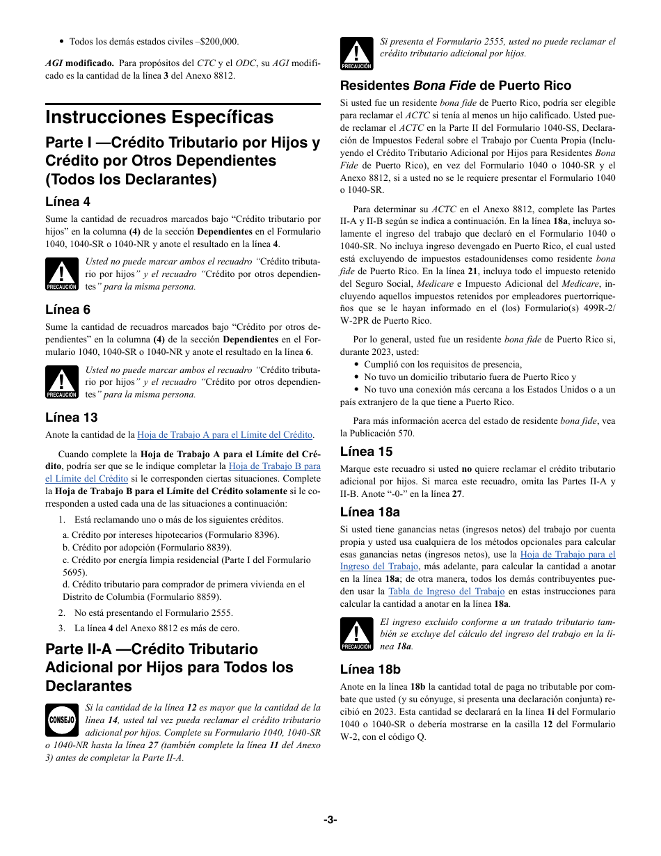 Instrucciones para IRS Formulario 1040 (SP) Anexo 8812 Creditos Por Hijos Calificados Y Otros Dependientes (Spanish), Page 3