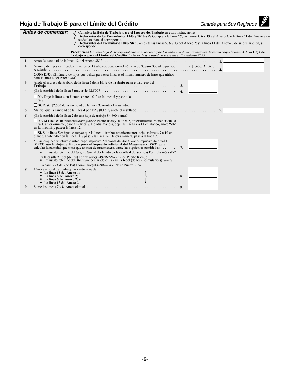 Instrucciones para IRS Formulario 1040 (SP) Anexo 8812 Creditos Por Hijos Calificados Y Otros Dependientes (Spanish), Page 6