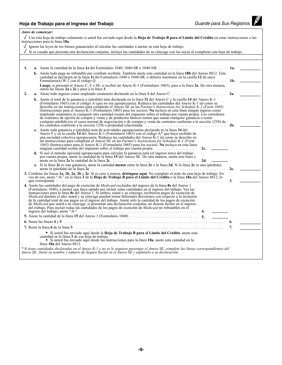 Instrucciones para IRS Formulario 1040 (SP) Anexo 8812 Creditos Por Hijos Calificados Y Otros Dependientes (Spanish), Page 9