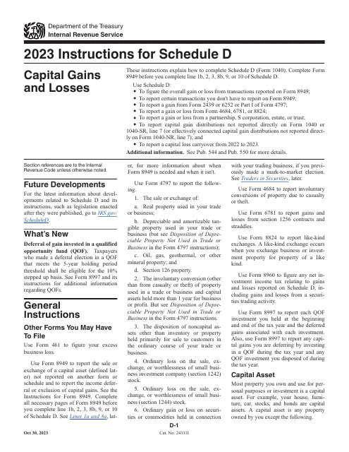 Instructions for IRS Form 1040 Schedule D Capital Gains and Losses, 2023