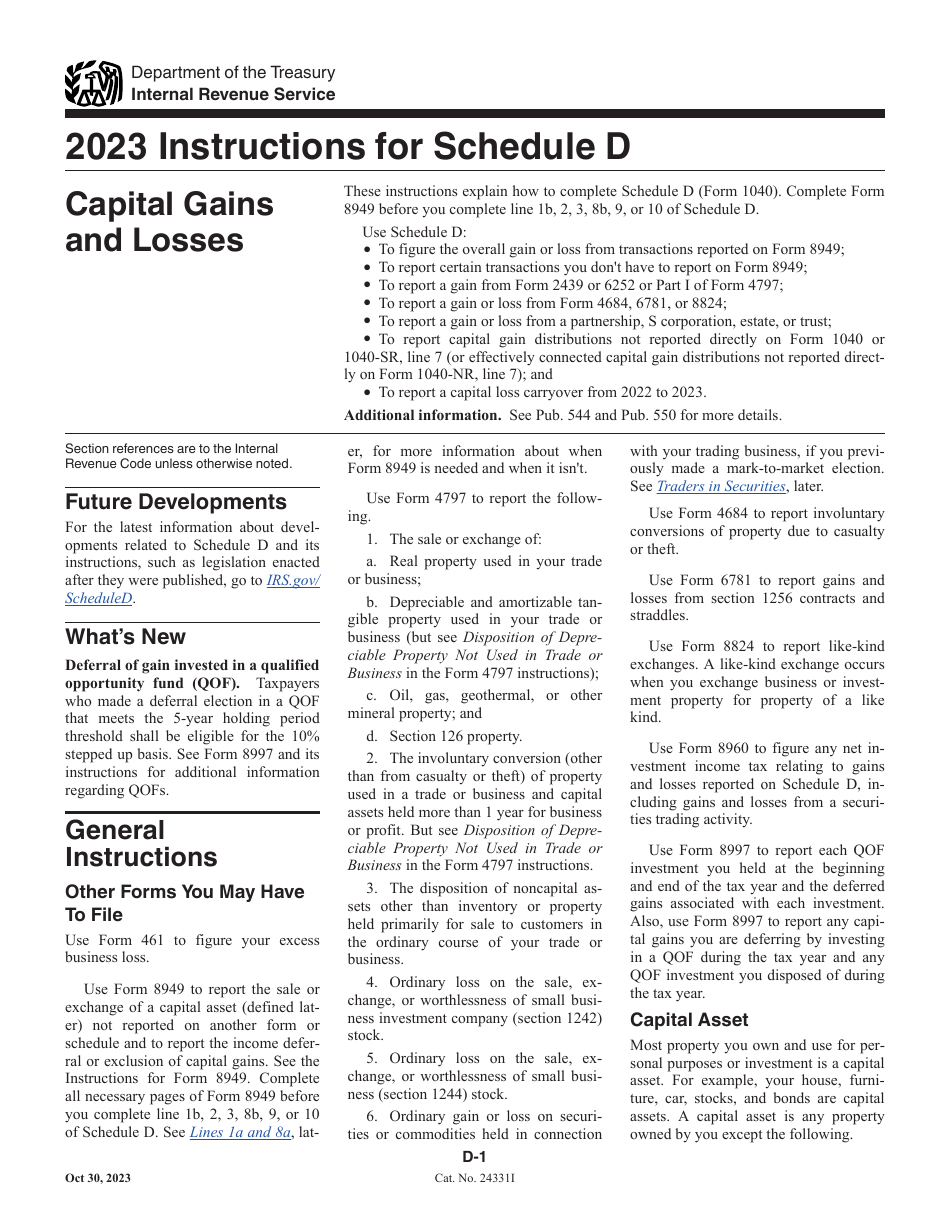 Instructions for IRS Form 1040 Schedule D Capital Gains and Losses, Page 1