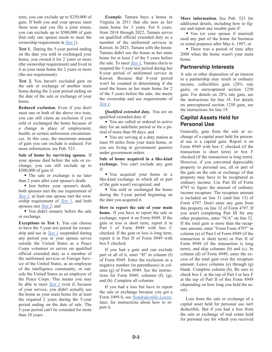 Instructions for IRS Form 1040 Schedule D Capital Gains and Losses, Page 3