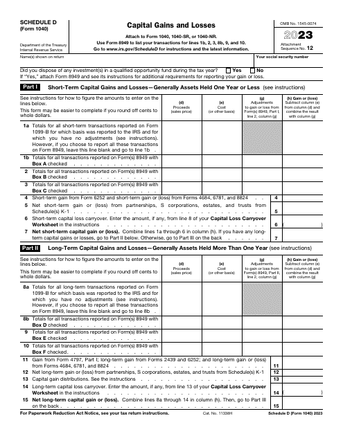 IRS Form 1040 Schedule D Capital Gains and Losses, 2023