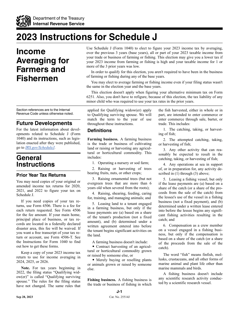 Instructions for IRS Form 1040 Schedule J Income Averaging for Farmers and Fishermen, Page 1