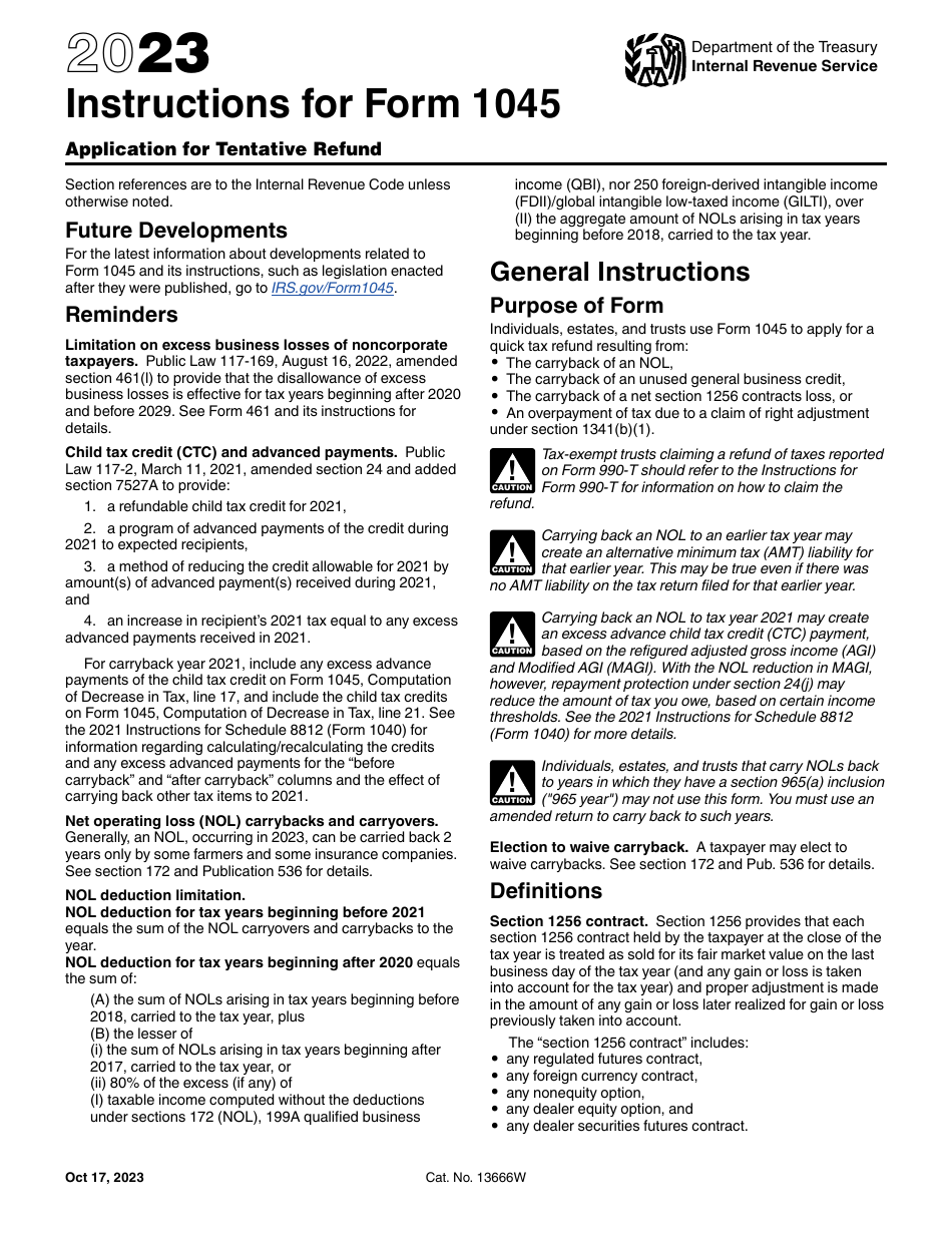 Instructions for IRS Form 1045 Application for Tentative Refund, Page 1