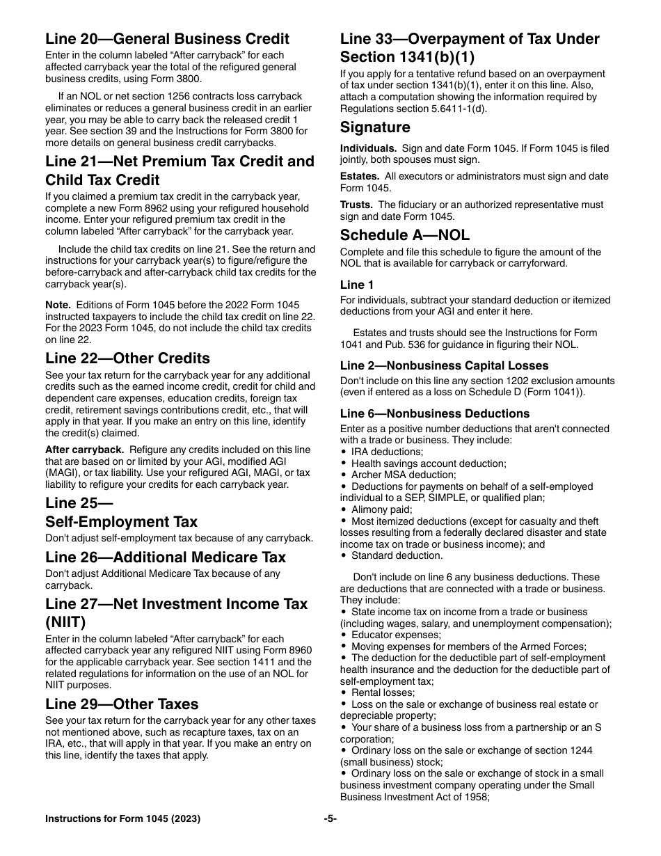 Instructions for IRS Form 1045 Application for Tentative Refund, Page 5