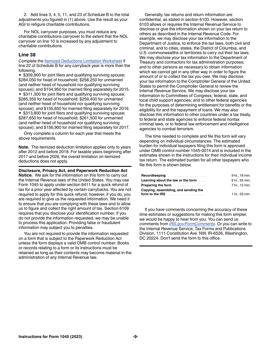 Instructions for IRS Form 1045 Application for Tentative Refund, Page 9