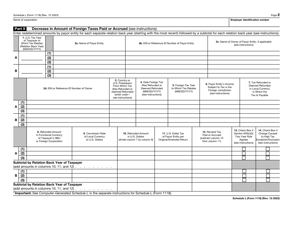 IRS Form 1118 Schedule L Download Fillable PDF or Fill Online Foreign ...