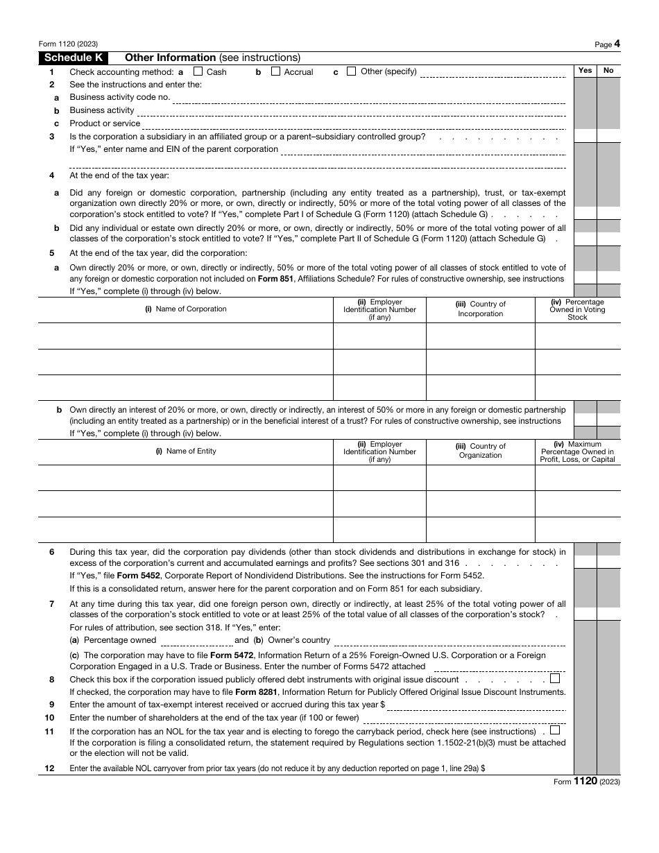 IRS Form 1120 Download Fillable PDF or Fill Online U.S. Corporation ...