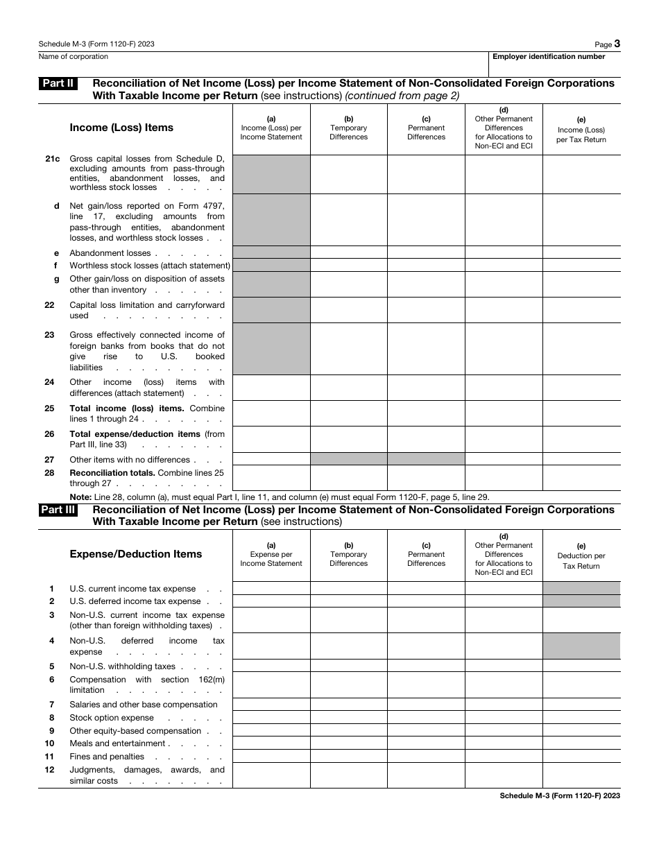 IRS Form 1120-F Schedule M-3 Net Income (Loss) Reconciliation for Foreign Corporations With Reportable Assets of $10 Million or More, Page 3