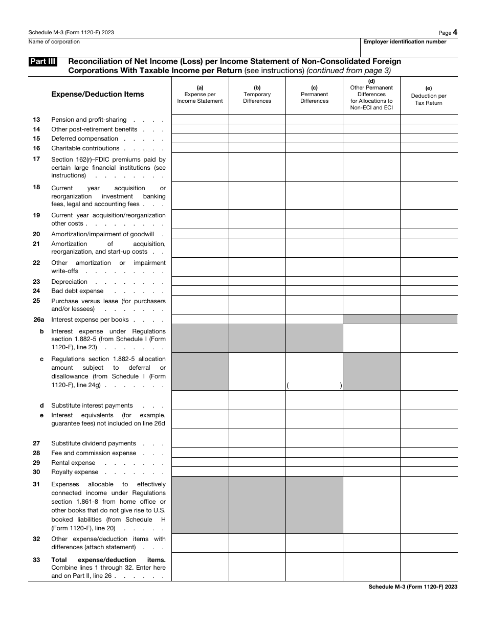 IRS Form 1120-F Schedule M-3 Net Income (Loss) Reconciliation for Foreign Corporations With Reportable Assets of $10 Million or More, Page 4