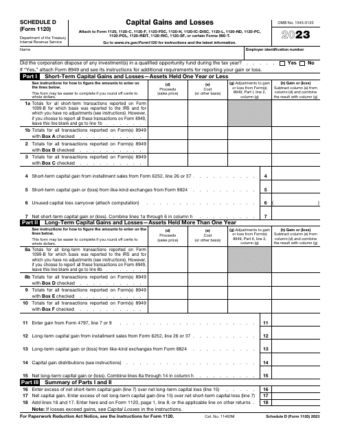IRS Form 1120 Schedule D Capital Gains and Losses, 2023