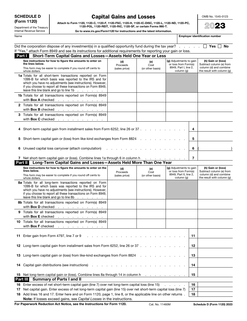 IRS Form 1120 Schedule D Capital Gains and Losses, Page 1