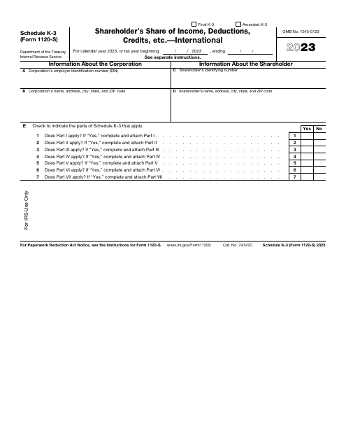 IRS Form 1120-S Schedule K-3 Shareholder's Share of Income, Deductions, Credits, Etc. - International, 2023