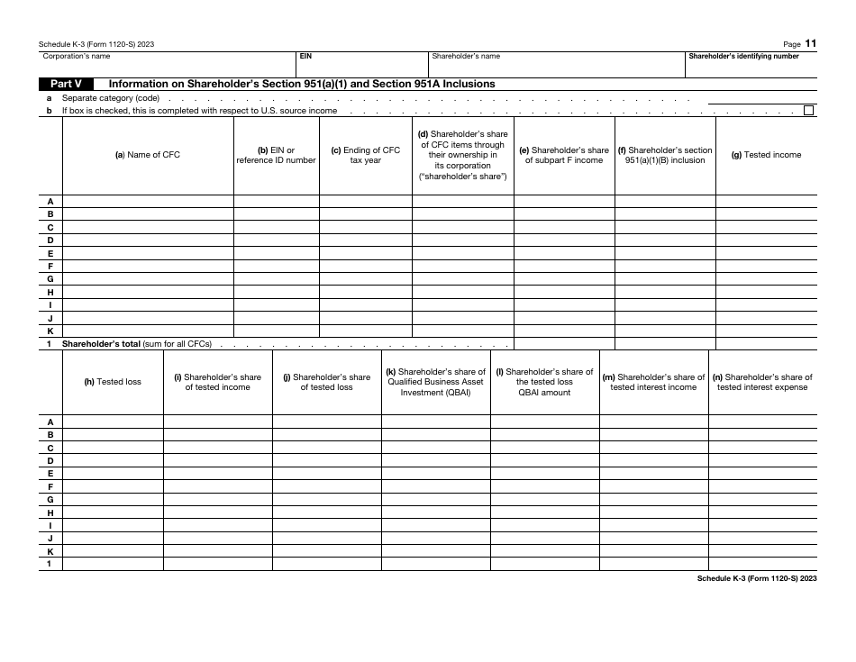 IRS Form 1120-S Schedule K-3 Shareholders Share of Income, Deductions, Credits, Etc. - International, Page 11
