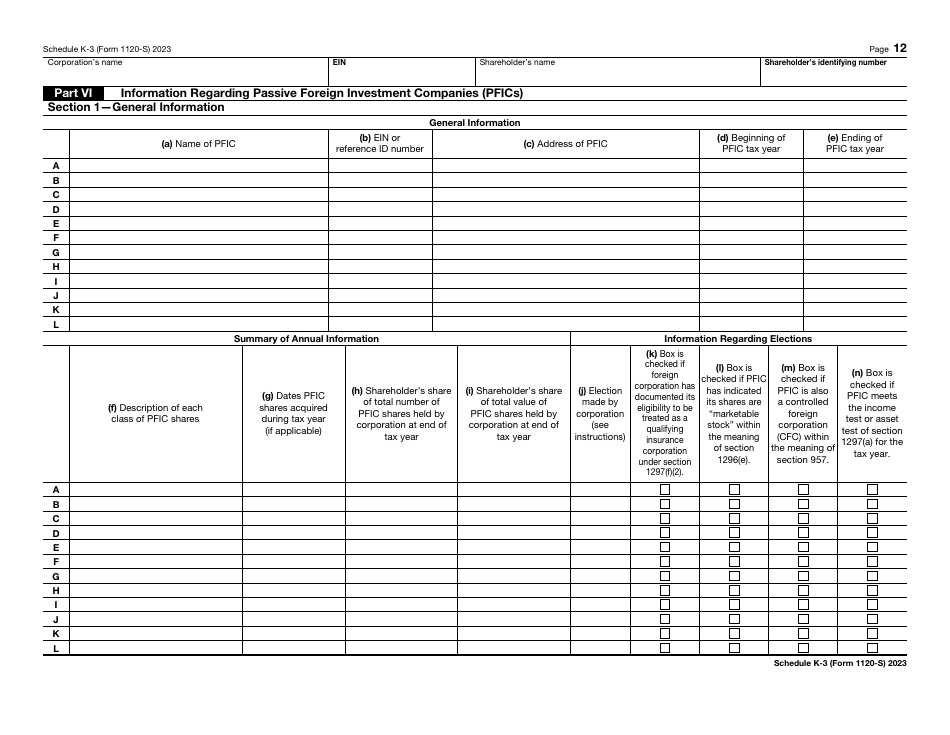 IRS Form 1120-S Schedule K-3 Shareholders Share of Income, Deductions, Credits, Etc. - International, Page 12