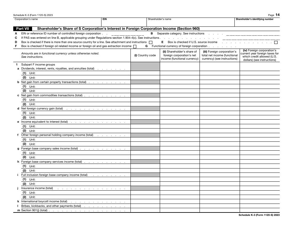 IRS Form 1120-S Schedule K-3 Shareholders Share of Income, Deductions, Credits, Etc. - International, Page 14