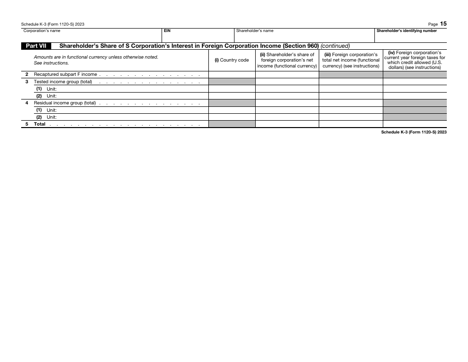 IRS Form 1120-S Schedule K-3 Shareholders Share of Income, Deductions, Credits, Etc. - International, Page 15