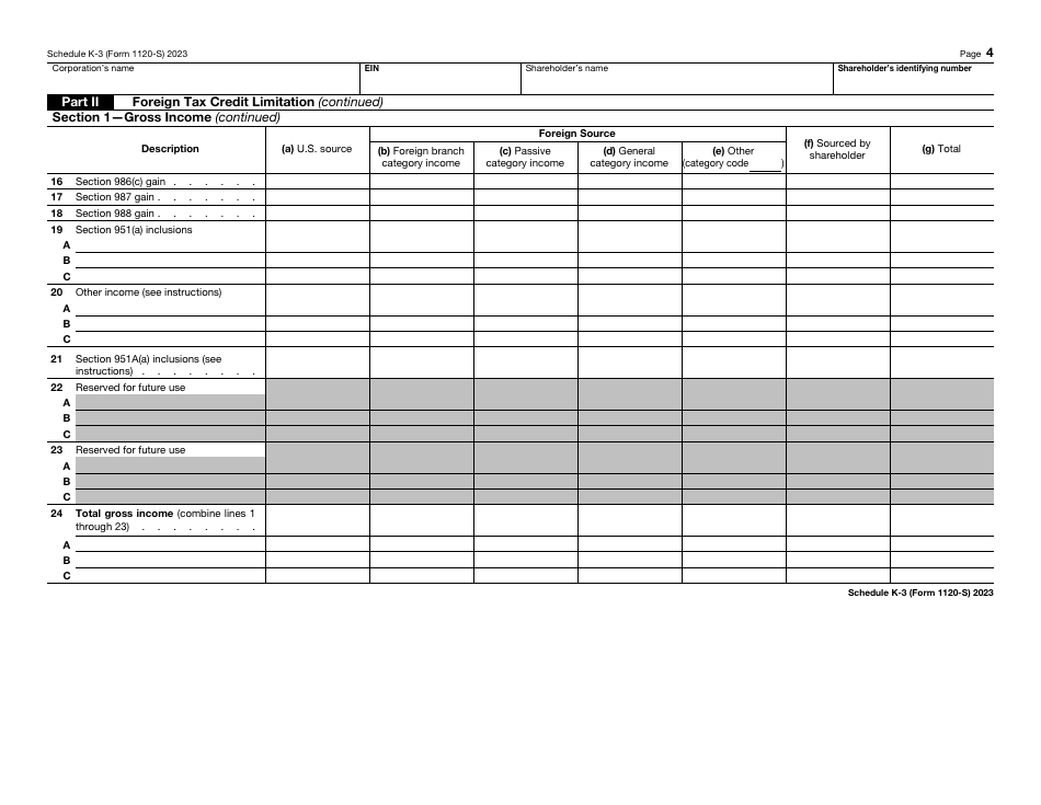 IRS Form 1120-S Schedule K-3 Shareholders Share of Income, Deductions, Credits, Etc. - International, Page 4