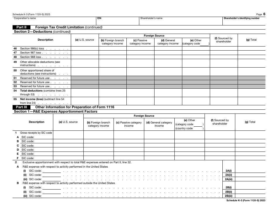 IRS Form 1120-S Schedule K-3 Shareholders Share of Income, Deductions, Credits, Etc. - International, Page 6