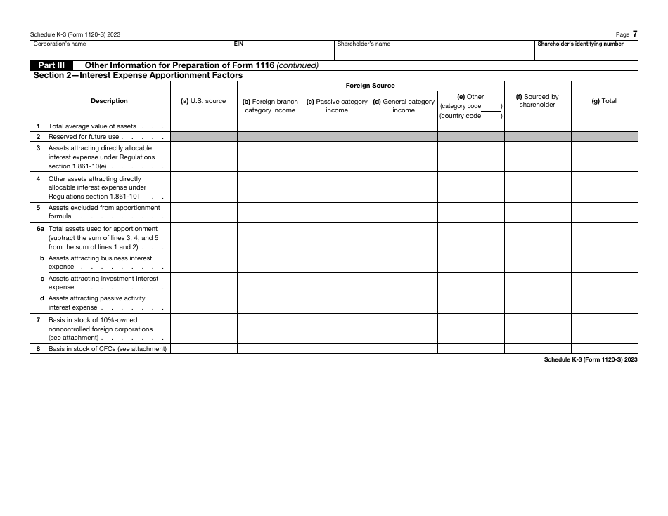 IRS Form 1120-S Schedule K-3 Shareholders Share of Income, Deductions, Credits, Etc. - International, Page 7