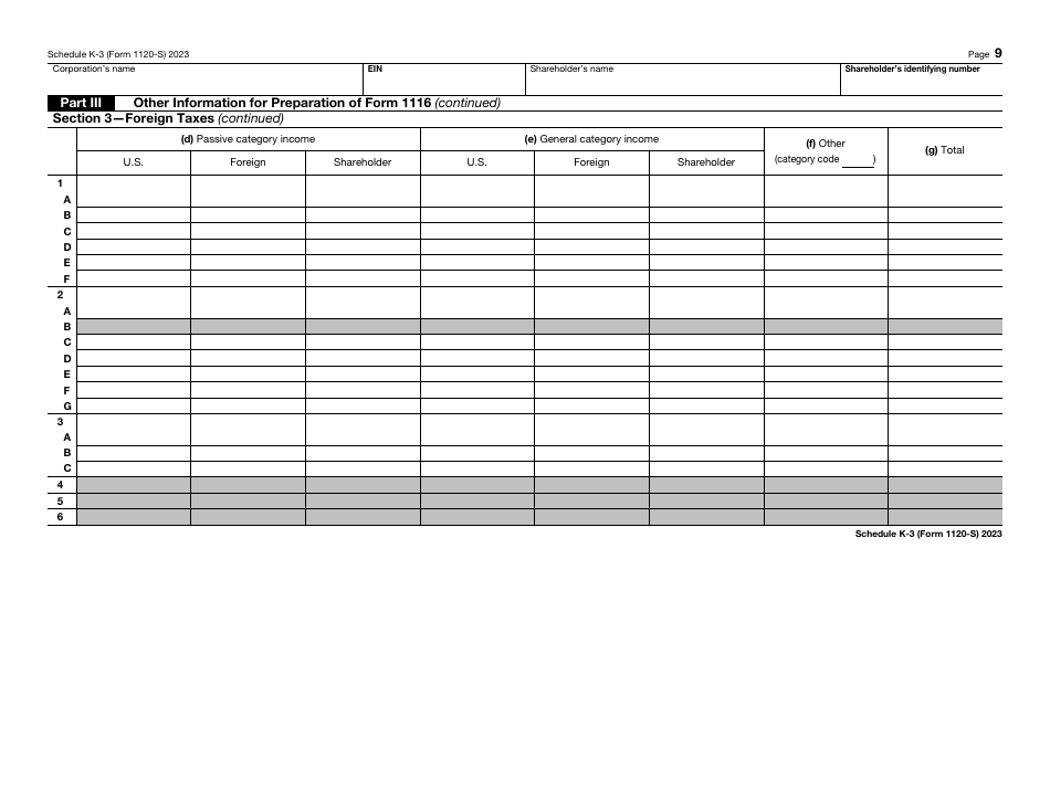 IRS Form 1120-S Schedule K-3 Shareholders Share of Income, Deductions, Credits, Etc. - International, Page 9