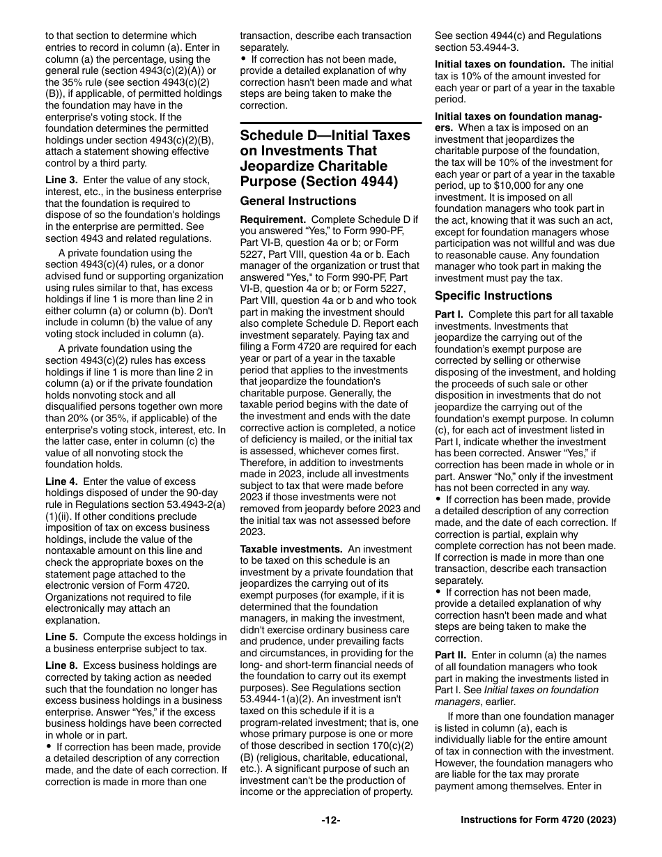 Instructions for IRS Form 4720 Return of Certain Excise Taxes Under Chapters 41 and 42 of the Internal Revenue Code, Page 12