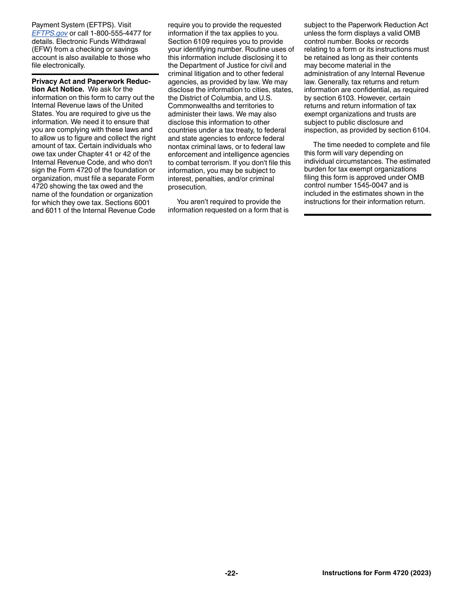 Instructions for IRS Form 4720 Return of Certain Excise Taxes Under Chapters 41 and 42 of the Internal Revenue Code, Page 22