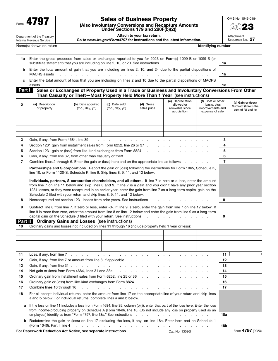IRS Form 4797 Sales of Business Property (Also Involuntary Conversions and Recapture Amounts Under Sections 179 and 280f(B)(2)), Page 1