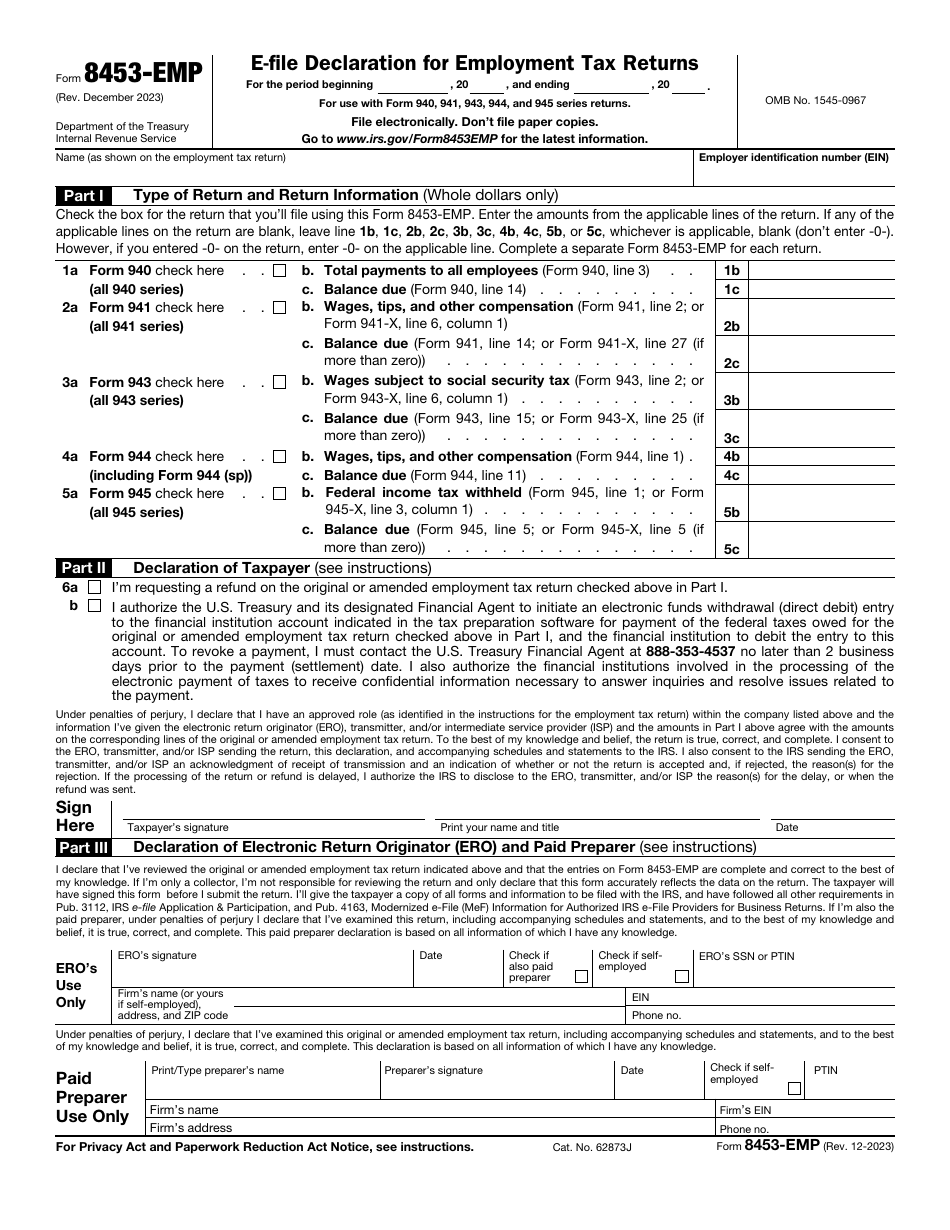 IRS Form 8453EMP Download Fillable PDF or Fill Online EFile