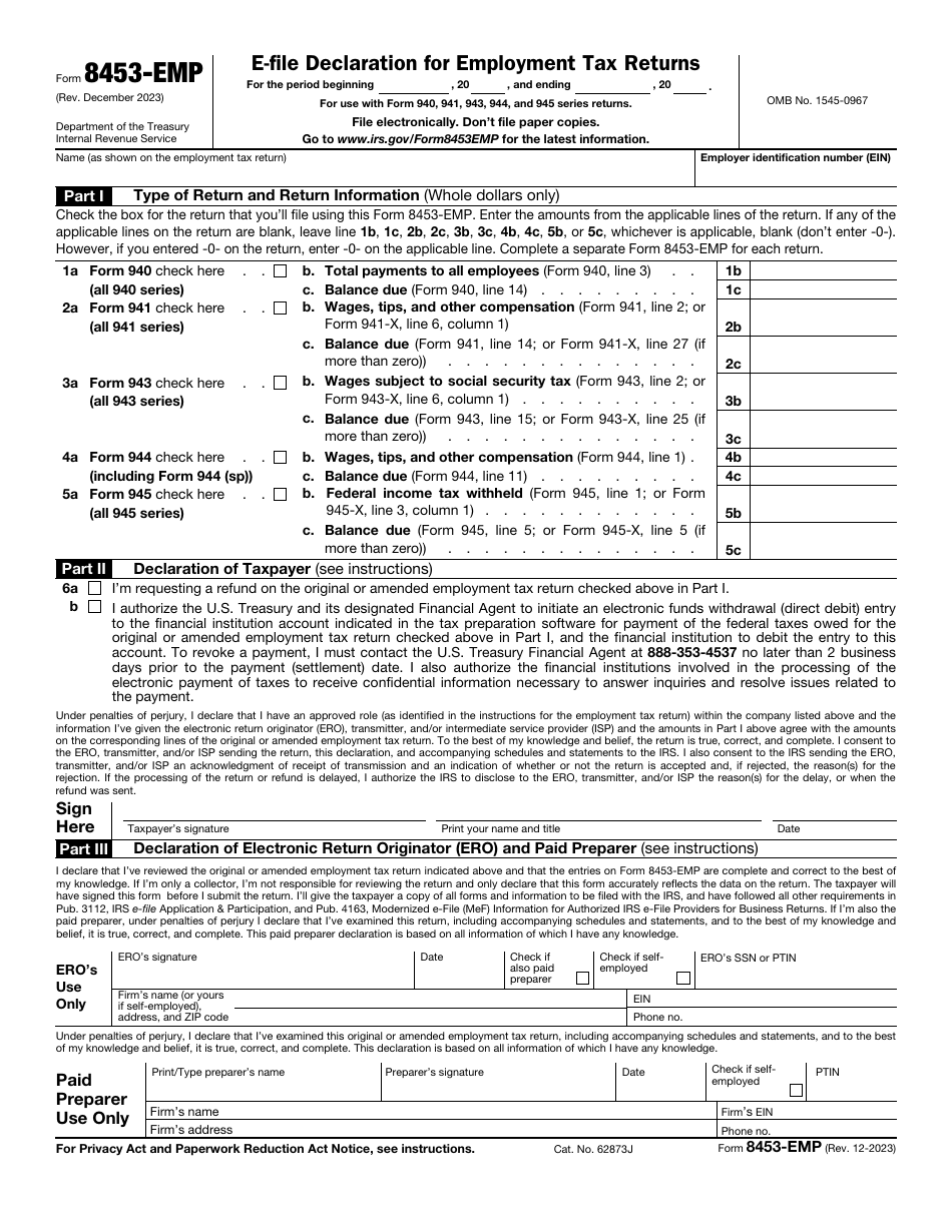 IRS Form 8453-EMP E-File Declaration for Employment Tax Returns, Page 1